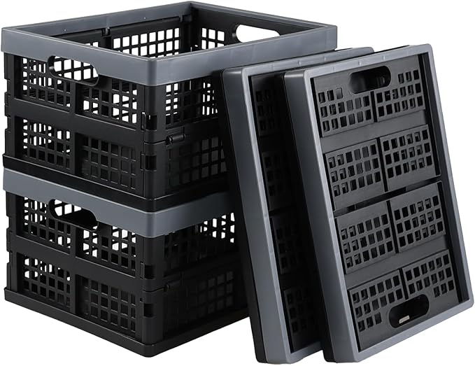 Rinboat 15 L Plastic Collapsible Crates, Stackable Folding Crates, 4 Packs