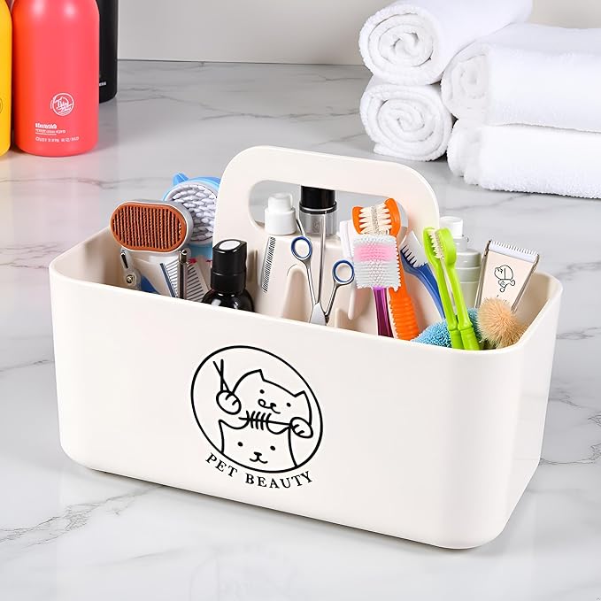 Morezi Dog grooming basket box bin in plastic small organier storage great for holding puppy cats combs shampoo brushes scissors grooming stuff in bathroom closet