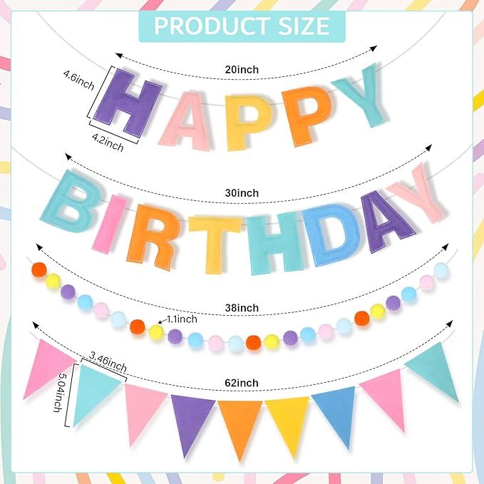 4 Strings Happy Birthday Felt Banner Decoration Pastel Birthday Sign Hanging Garland Reusable Bunting Banner Pom Pom Garland Backdrop Decor for Girls Boys Bday Party Supplies Wall Decor