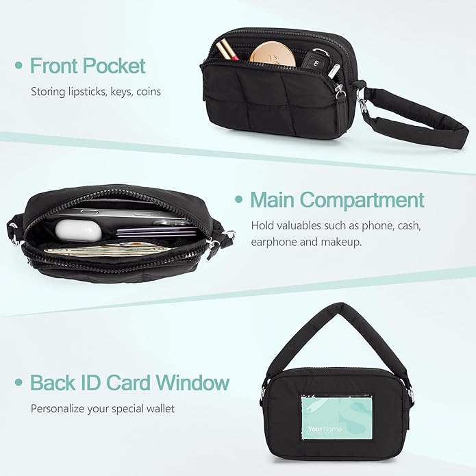 Wristlet Wallets for Women, Small Puffy Wristlet Purses with Zipper, Travel Credit Card Holder Phone Organizer Bag