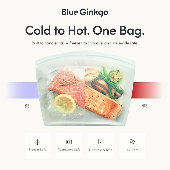 Blue Ginkgo Reusable Silicone Storage Bags – 3-Pack | Korean-Made Stand Up Food, Freezer Bags - Clear