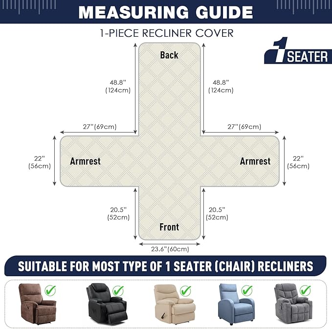 TAOCOCO 100% Waterproof Recliner Chair Cover, Thickness Recliner Covers That Stay in Place, Reclining Chair Cover Furniture Protector for Kids, Pets(23.6'', Dark Blue-Velvet)