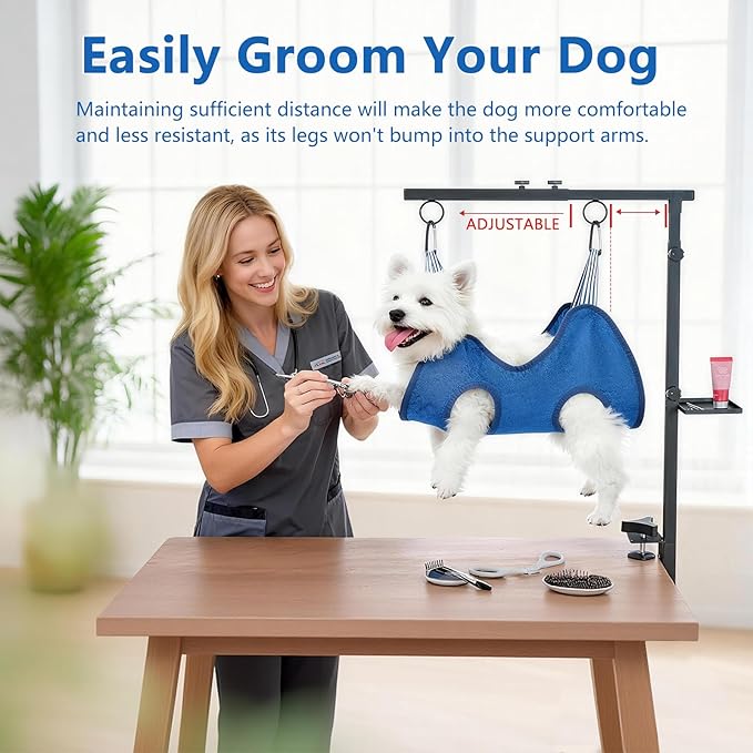Dog Grooming Table Arm with Clamp (33"-43") | Extendable, Foldable Stand & Restraint with Grooming Hammock, No-Sit Rope, Tray & Bag | for Small/Medium Dogs at Home & Salon