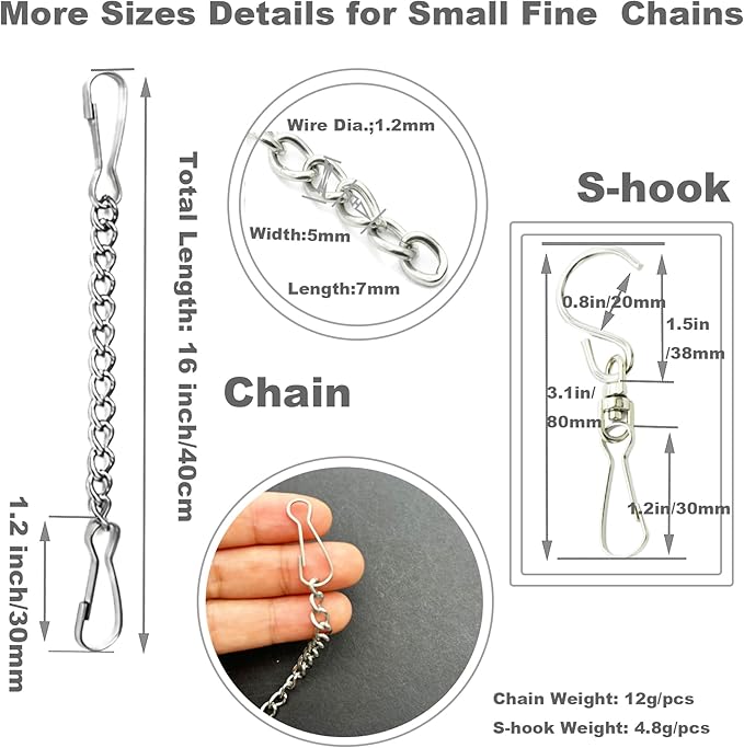 10 Pcs Fine Hanging Chain(1.2mm Dia.) Small Hang Bracket Decorative Replacement Link Chains Hooks for Sign Planter Bird Feeders,16 inch Long Stainless Chains and 5 Pcs Swivel S-Hooks