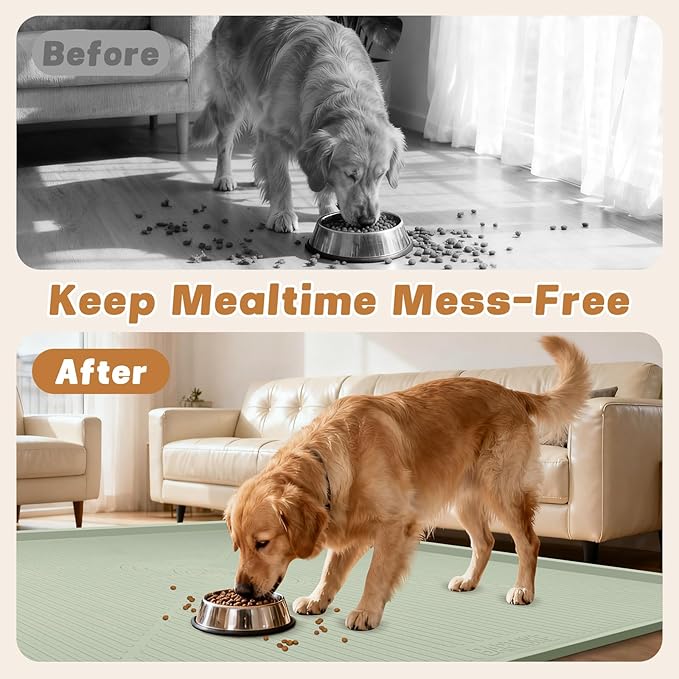 Lorvain Dog Food Mat, 45" x 30" Silicone Pet Feeding Mat with Raised Edges, Extra Large Pet Placemat for Dog Cat Food and Water Bowl Non-Slip, Easy to Clean, Waterproof & Floor Protection, Green