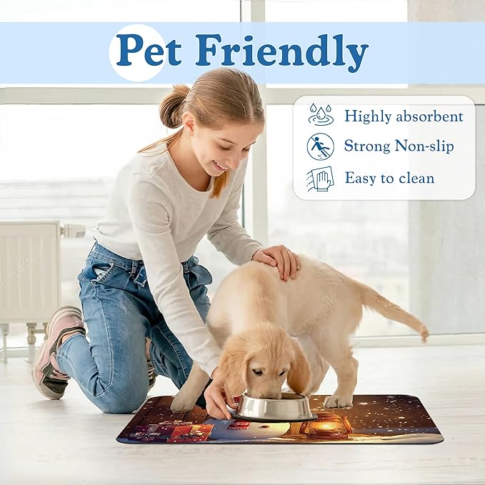 Chirstmas Gifts Dog Cat Food Mat, Cute Snowman Absorbent Waterproof Placemat for Food and Water Bowls, Non Slip Rubber Backing, Feeding Mat for Clean Floors 16"x24"