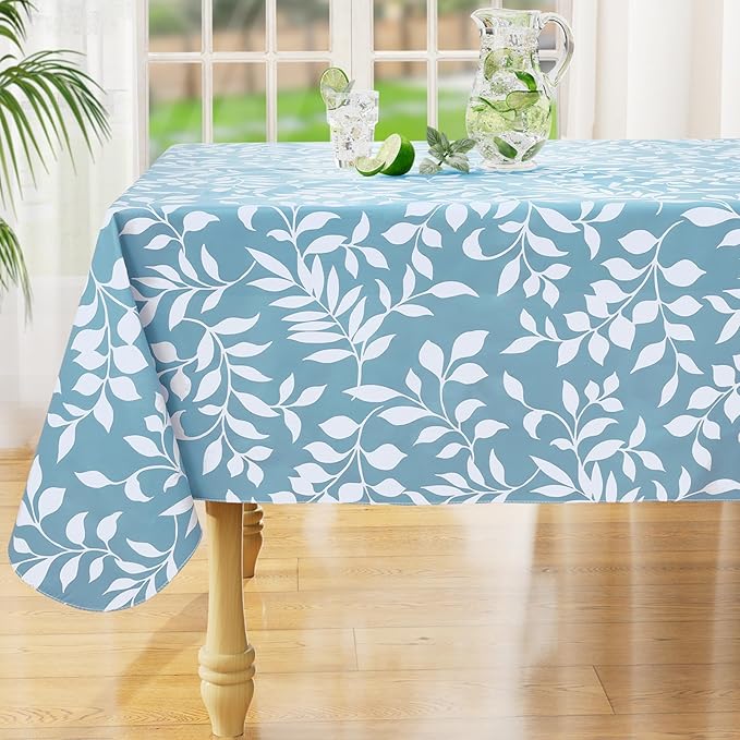 misaya Rectangle Waterproof Vinyl Table Cloth, Wipeable Tablecloth with Flannel Backing, Plastic Table Cover for Dinner, Picnic, Indoor and Outdoor (Blue Leaves, 54" x 54")