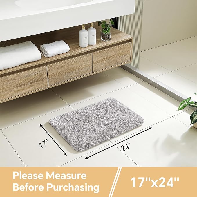 Light Gray Bathroom Rugs 17"x24" - High-Density Microfiber Bath Mat, Fluffy Non Slip Absorbent and Washable Bathroom Mat - Ideal for Small Spaces, Vanity, Toilet, or Pet Mat