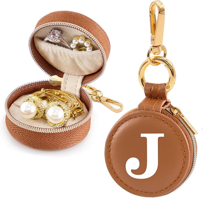 Mini Initial Travel Jewelry Case Ring Holder, Brown Faux Leather Small Jewelry Organizer Box Gifts for Women Girls Nurse Teacher, Gym Travel Accessories Keychain Pouch for Earrings Rings Necklace J