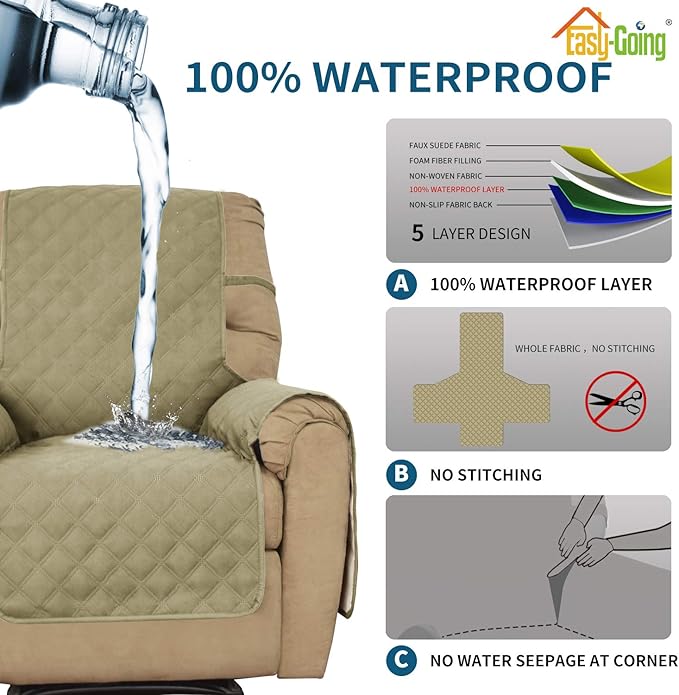 Easy-Going Sofa Slipcover Waterproof Recliner Chair Cover Non-Slip Fabric Couch Cover for Living Room Washable Furniture Protector for Pets Kids Children Dog Cat (Recliner, Sand)