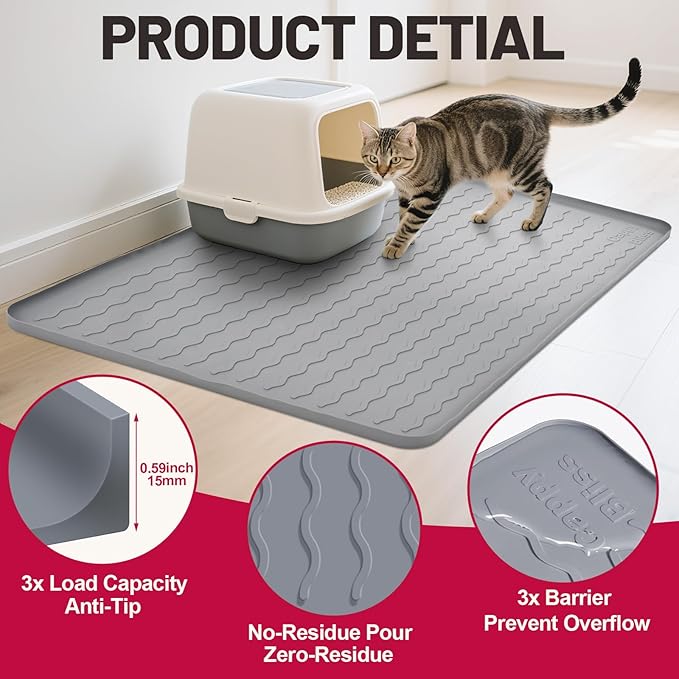 Large Silicone Cat Mat for Litter Box, 34"x22" Waterproof & Urine-Proof Pad with Litter-Trapping Waves, Non-Slip, Easy Clean & Paw-Safe (Pink)