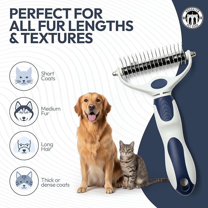 BPG Pet Grooming Tools for Dogs & Cats- 2 in 1 Dual Sided Undercoat Rake For Dogs Heavy-Duty Non Slip Grip Deshedding Comb Skin Safe With Ergonomic Handle To Reduce Shedding- Brooklyn Pet Gear