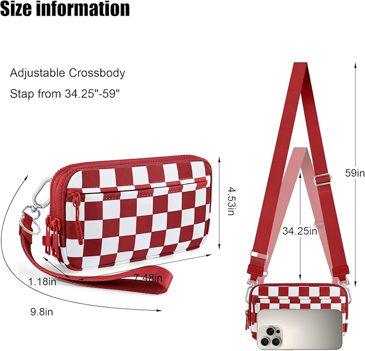 Checkered WristleWallets for Women, RFID Wallet Crossbody with 4 Zippers, Credit Card Holder Cell Phone Organizer