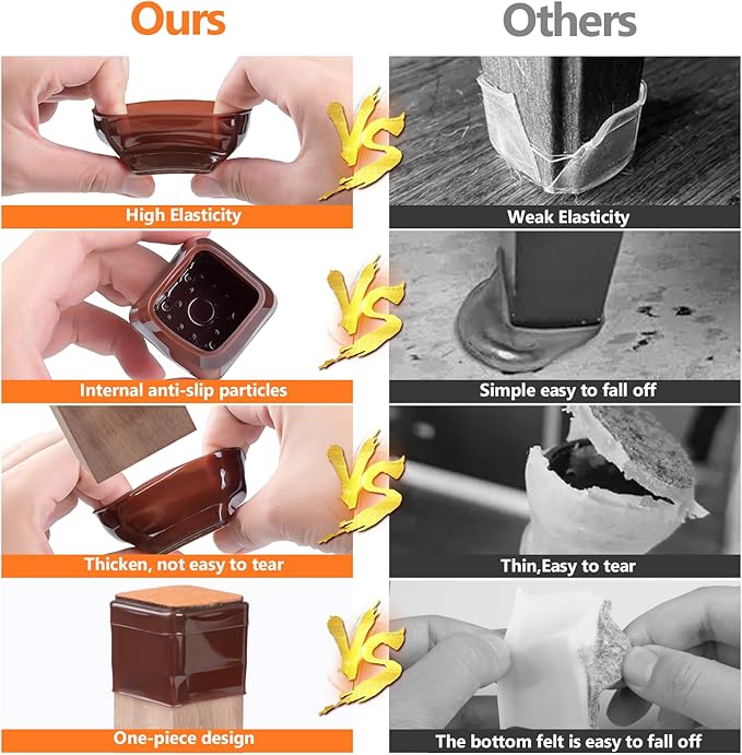 16pcs Square Chair Leg Floor Protectors, Felt Pads Chair Leg Protectors for Hardwood Floors, Silicone Furniture Feet Cups Covers Felt Pads, Prevents Scratches & Reduce Noise, Brown, Large