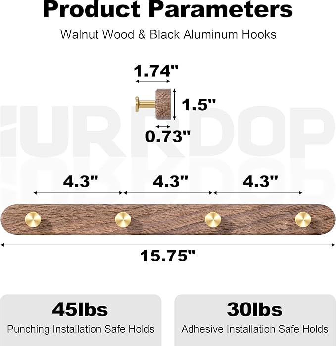 IURRDOP 16 Inch Walnut Wood Wall Mounted Coat Rack with 4 Golden Round Hooks, Adhesive Mounted Entryway Hooks, Modern Natural Wooden Pegs for Hanging Coat Clothes Hat Bag Purse Key and Towel