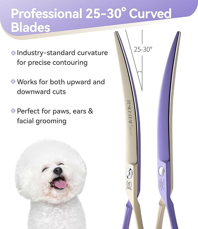 Fenice Peak Curved Dog Grooming Scissors with Coating 440C Stainless Steel, 7 inch Professional Curved Shears Dog Grooming，25 Degree of Curved Blade，Pet Shear for Trimming Face and Paw, Violet & White