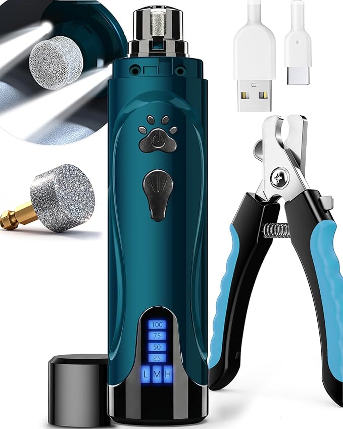YABIFE Dog Nail Trimmers and Dog Nail Clippers Kit, Whisper Quiet Electric Grinder with Light, for Small, Medium, Large Dogs, Cats Toenail Grooming, 3 Speeds