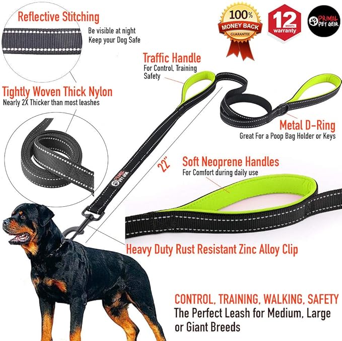 Primal Pet Gear Dog Leash 6ft Long,Traffic Padded Two Handle,Heavy Duty,Reflective Double Handles Lead for Control Safety Training,Leashes for Large Dogs or Medium Dogs,Dual Handles Leads(Black)