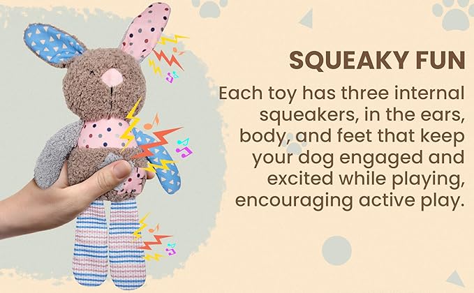 WaggyBros Colorful Patches Set - Bear, Bunny, Elephant, Squeaky Plush Dog Toys, All Bread Sizes, Toys, 3-Pack