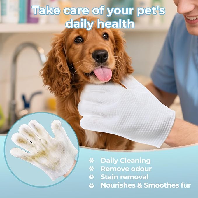 Pet Glove Wipes for Dogs and Cats - Dog Washing Gloves, Cat Bathing Wipes, Individually Wrapped, Moisture-Rich Thickened, Cleaning & Deodorizing, Hypoallergenic, Rinse Free for Grooming and Travel