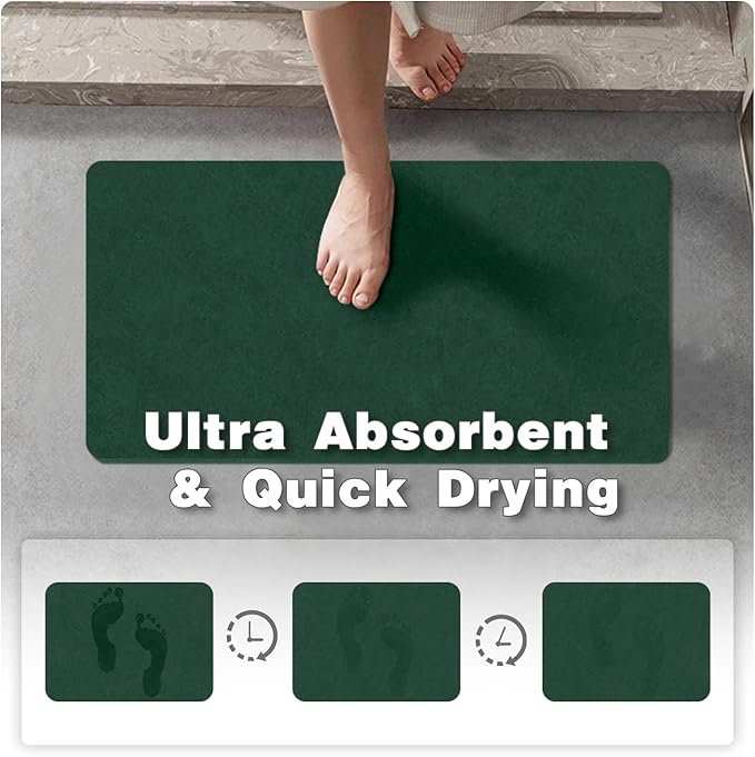 Bathroom Mat Quick Dry, Bathroom Rugs Non Slip Washable Thin Absorbent Bath Mat Fits Under Door Bathroom Floor Mat Perfect for Bath, Shower, or Sink 36"x48" Dark Green