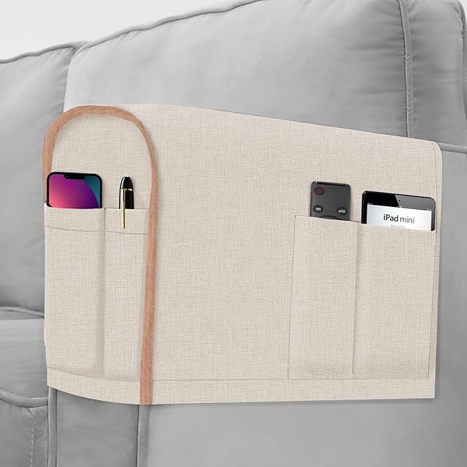 Joywell Linen Armrest Covers for Living Room Anti-Slip Sofa Arm Protector for Dogs, Cats, Armchair Slipcover for Recliner with 4 Pockets for TV Remote Control, Phone, Set of 2, Champagne