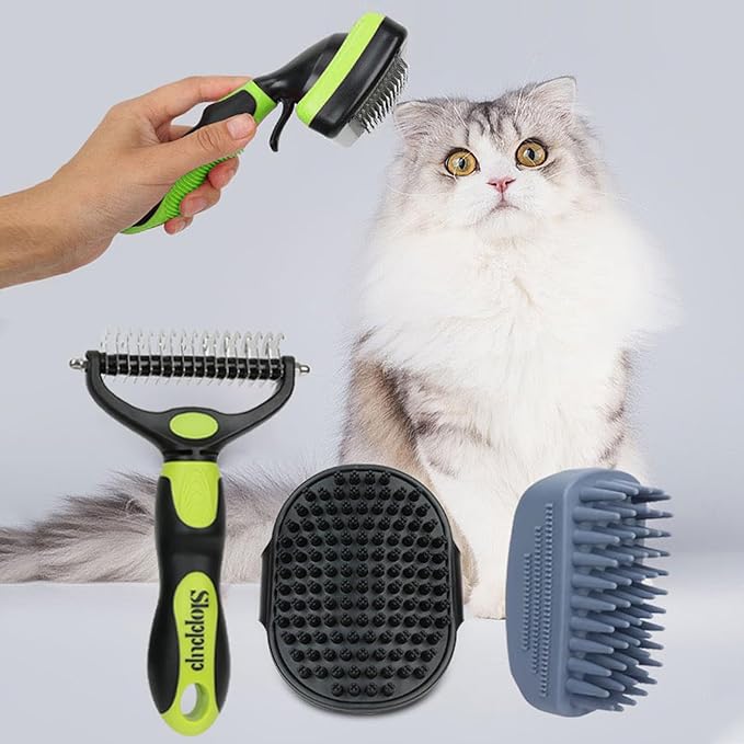 PETIMP STORE Dog Brush Kit for Grooming Short & Long Haired Dogs & Cats, 4-in-1 Pet Grooming Set with Self-Cleaning Slicker Brush, Deshedding Tool, Shampoo Bath Comb, Massge Comb (Green Black)