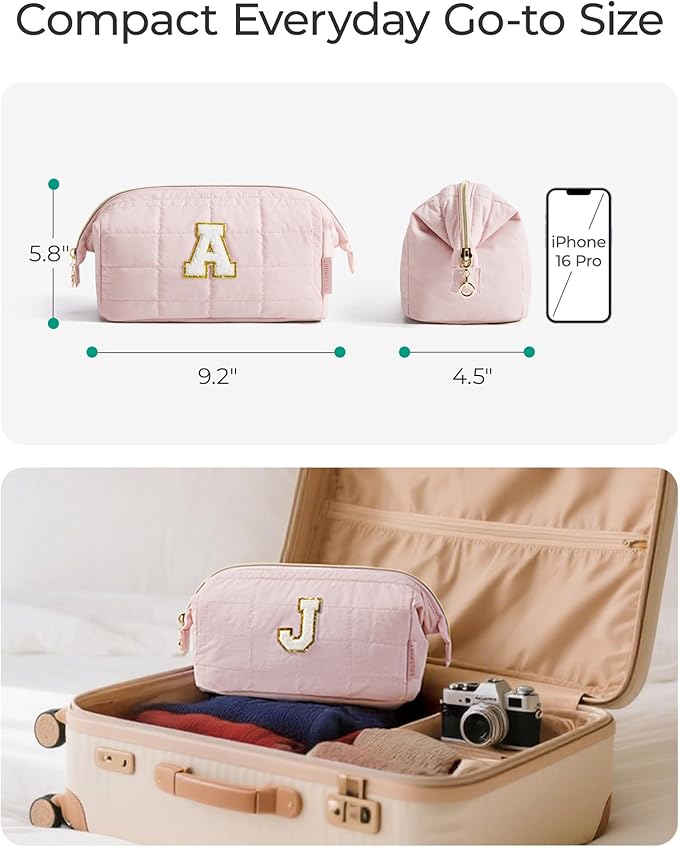 BAGSMART Birthday Gifts Personalized Initial Makeup Bag, Trendy Stuff Gifts for Women Bridesmaid Graduation, Puffy Padded Make Up Bags for Women, Wide-open Toiletry Bag, Pink C