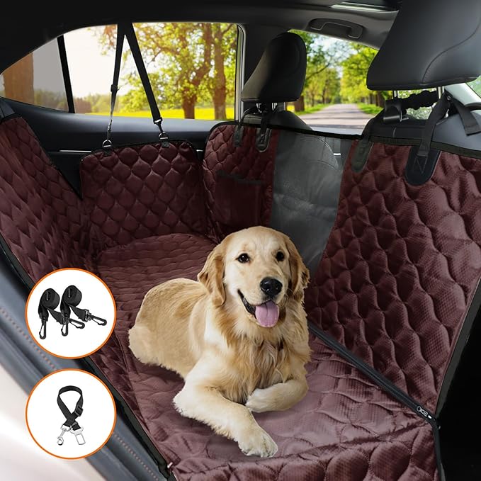 PETICON Dog Car Seat Cover with Mesh Window, 100% Waterproof Pet Seat Cover for Back Seat, Scratchproof Dog Hammock for Cars, Trucks, SUVs, Jeeps, Brown