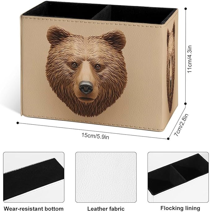Famame 3D Bear Head Print Pencil Holder for Desk, Leather Desktop Container Pen Cup Storage Study Table Pen Organizer Makeup Brush Holder for Classroom Office Home
