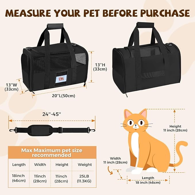 FOORLON Cat Carrier Soft for Pets Up to 25 Lbs, Cat Travel Bag with Padded Shoulder Strap and Detachable Cat Food Bowl, Pet Dog Carriers for Small Dogs Travel Puppy Carry Airline Approved, Black