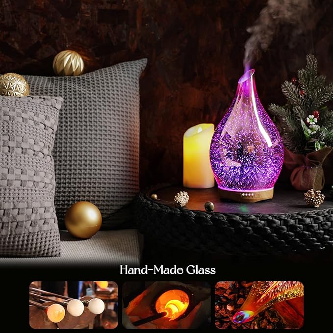 Porseme 280ml Essential Oil Diffuser, 3D Glass Aromatherapy Diffusor, Ultrasonic Cool Mist BPA Free Aroma Humidifier with Timer and Color Changing Function, Waterless Shut-Off for Home Office Room