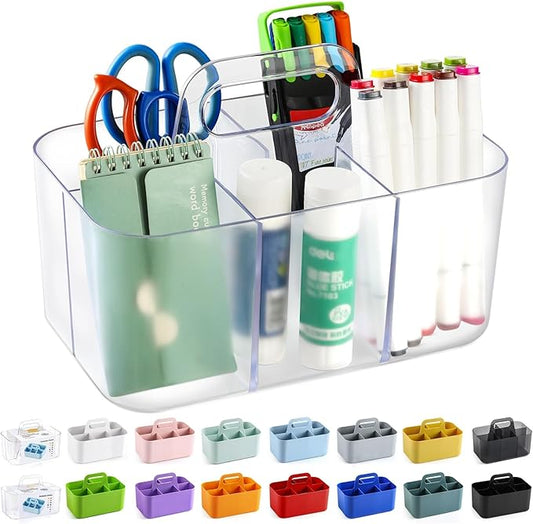 Multiuse Caddy Organizer with Handle, Portable Plastic Tote Bin - Art Craft, Stationary Pen Marker Crayons, Makeup Hair Supplies Storage - Bathroom, Classroom, Dorm, Office, Desk Holder -Frosted Clear