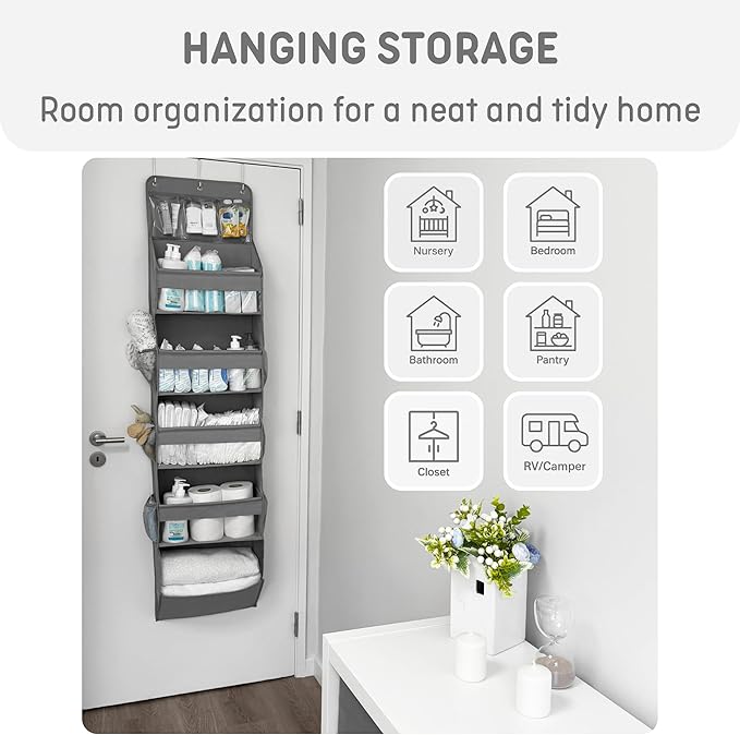 Over The Door Organizer Hanging with 5 Large & 6 Side Pockets 5 Tier Behind Door Storage 50 lbs for Closet, Nursery, Bathroom Door Organizer, 1 Pack, Grey
