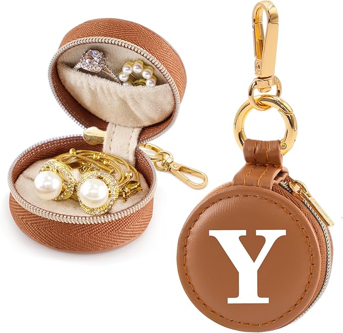 Mini Initial Travel Jewelry Case Ring Holder, Brown Faux Leather Small Jewelry Organizer Box Gifts for Women Girls Nurse Teacher, Gym Travel Accessories Keychain Pouch for Earrings Rings Necklace Y