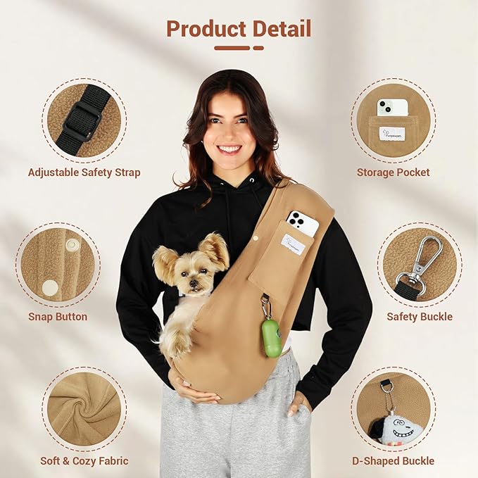 Hands-Free Cat Sling Carrier, Ultra-Soft Polar Fleece Pet Sling for Small Dogs & Cats 3-14 lbs, Machine Washable for Indoor Snuggling & Outdoor Use (Large, Khaki)