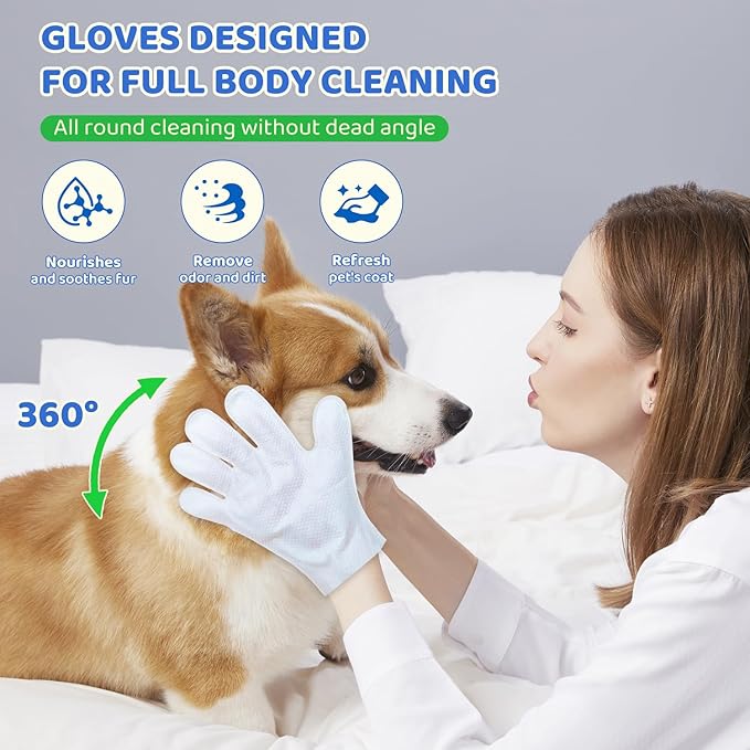 VOISEN Pet Glove Wipes for Dogs,24 Pcs Pet Cleaning Gloves,Dog Wipes Cleaning Deodorizing,Unscented Thick Pet Wipes for Nourish Fur Daily Care and Travel