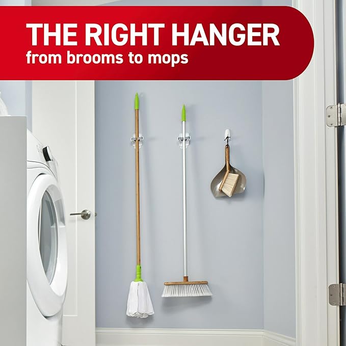 Command Mop and Broom Holder Wall Mount, 6 Grippers with 16 Command Strips, Organize Damage-Free