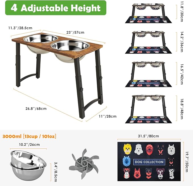 TIDANT Elevated Dog Bowls for Large Dogs with Slow Feeder & Mat, 4 Height Adjustable & 101oz Bowls, Tall Raised Dog Bowl Stand