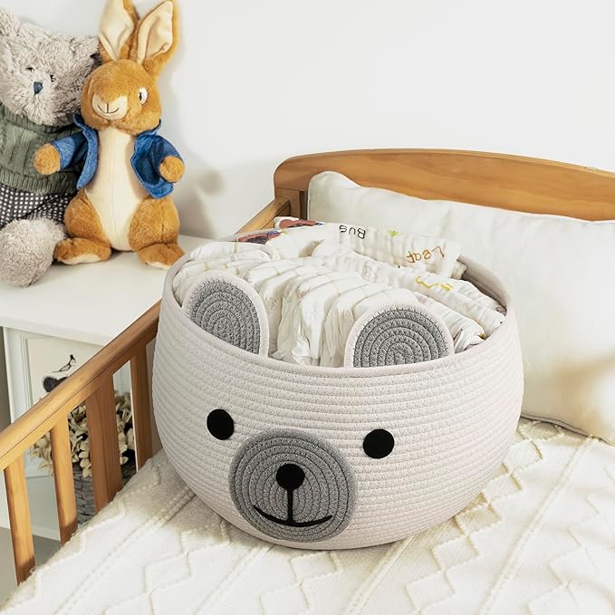 CherryNow Baby Basket for Nursery, Woven Rope Baby Shower Basket, Cute Baskets for Gifts Empty, Diaper Caddy Organizer with Handles, White, 15.7"D x 10.5"H