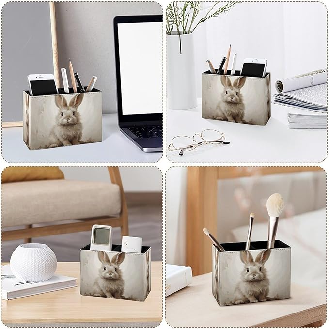 Famame Brown Rabbit Bunny Pencil Holder for Desk, Leather Desktop Container Pen Cup Storage Study Table Pen Organizer Makeup Brush Holder for Classroom Office Home
