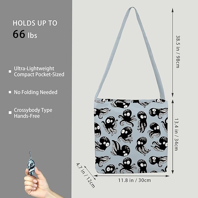 BeeGreen Octopus Ultimate Crossbody Tote Bag - Beach Reusable Grocery Shopping Bag - Foldable Compact Portable Sturdy Bags