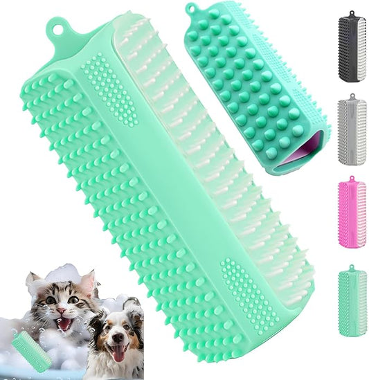 3-in-1 Pet Grooming & Bath Brush for Dogs and Cats, Triple-Sided Design with Cone Massage Tips, Long Self-Cleaning Deshedding Nubs, Short Bathing Nubs, Soft Silicone Brush with Hanging Loop, Green