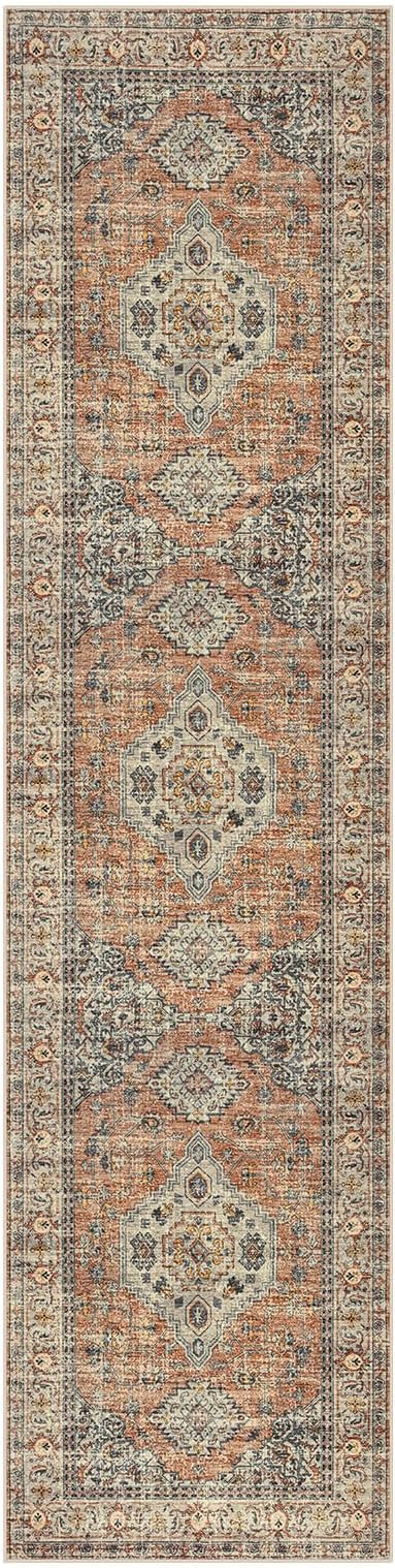 Lahome Oriental Kitchen Runners for Hallways, 2.5x12 Washable Runner Rug Non Slip, Soft Hallway Rug Distressed Ultra-Thin Long Carpet for Bathroom Entryway ‎Bedroom Eleanor, Peach/Orange