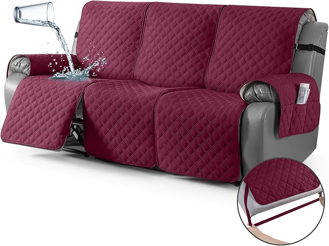 TAOCOCO 100% Waterproof Recliner Couch Covers, Recliner Sofa Covers with Leg Straps, 1-Piece Washable Reclining Sofa Cover with Pocket Couch Protector for Pets Kids(3 Seater, Wine)