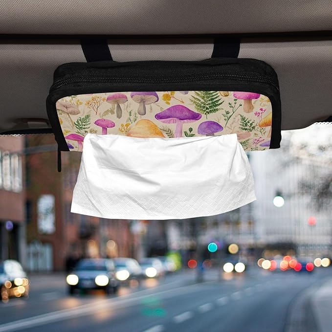 Car Tissue Holder Car Napkin Holder Car Tissue Box Dispenser Storage Case Sun Visor Mask Holder with Adjustable Straps Reusable Refillable Mushroom Colorful Pattern