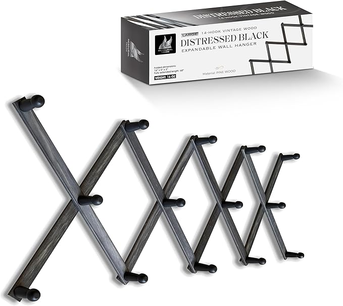 Mercurial Trade Expandable Wooden Coat Rack Hanger - Large Accordion Hanger with Expanding Pegs | Hand Made Rustic Wooden Hat Rack for Wall | Hang Coat, Jacket, Hat – 14 Hook, Distressed Black