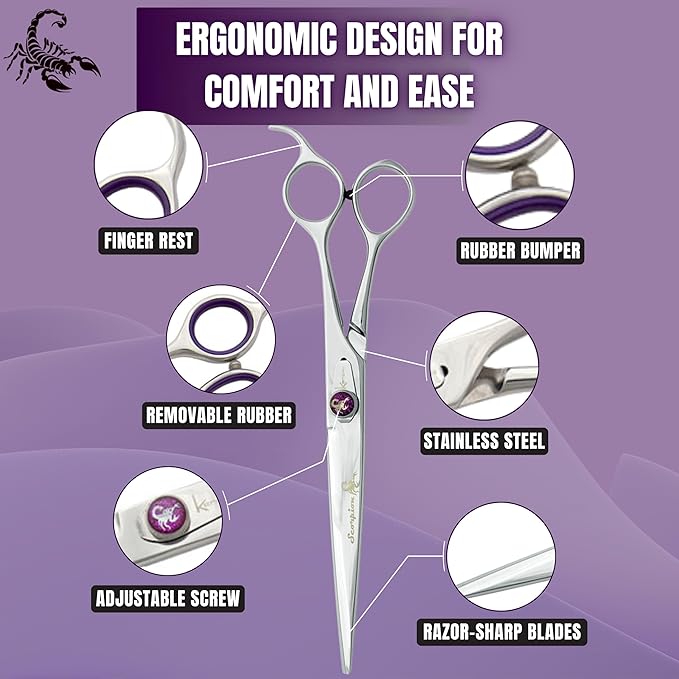 Kenchii Scorpion 8 Inch, Straight Grooming Scissors for Dogs and Pets - Premium Steel Scissors for Dog Grooming - Dog Shears Pet Grooming Accessories - Pet Hair Trimming Scissor