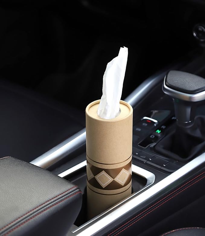 Car Tissue Holder with 3-ply Facial Tissues Bulk - 4 PK Gold Foil Cylinder, for Car, Travel Cup Holder, Refill Box Round Container Kraft