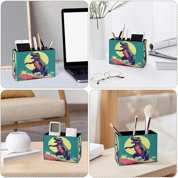 Famame Surfing Vintage Dinosaur Pencil Holder for Desk, Leather Desktop Container Pen Cup Storage Study Table Pen Organizer Makeup Brush Holder for Classroom Office Home